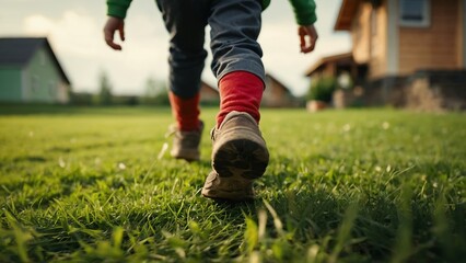 Children's feet close up, child running on green grass. - Powered by Adobe