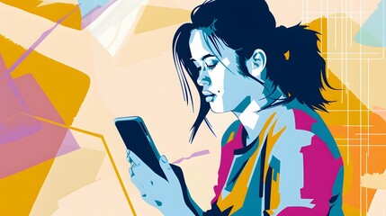 stylized image of a young woman and her smartphone, symbolizing modern communication