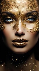 Beautiful woman with blue eyes and golden glitter makeup. Stunning young girl with gold metallic paint on her face. Fashion and beauty concept. Model with glamorous make-up