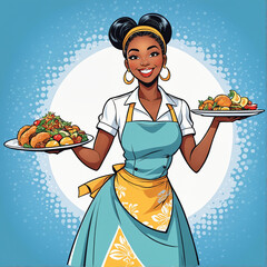 Pop art picture, smiling African American woman waitress carrying two plates with food