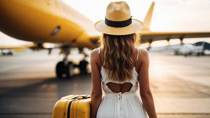 Beautiful woman dress walking towards plane vacation concept, travel.