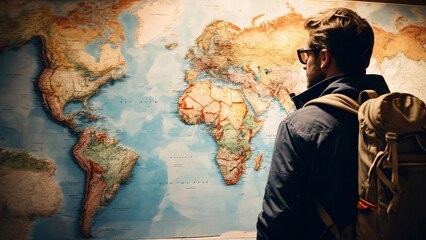 Tourist man looking at the map of the world, planning travel route.