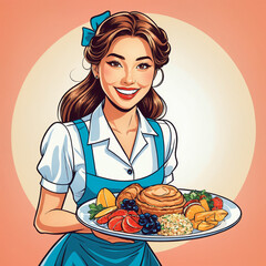 Pop Art cartoon, Smiling woman waitress serving plate of food