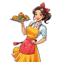 Pop Art Drawing, Smiling woman waitress serving large plate of food, isolated on white background
