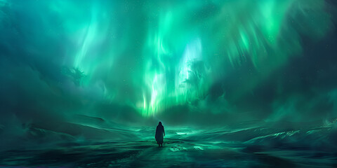 The Glowing Night A Winter Wonderland Under the Northern Lights a person is standing where