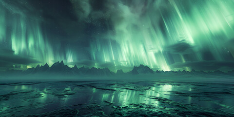 A winter landscape with the northern  Ethereal lights in the sky