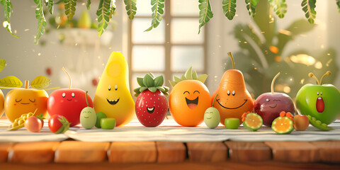 Fruit and Veggie Collection with smiles on them A Colorful Array for Health with kitchen backcground