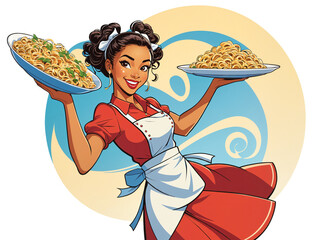 Pop art cartoon, smiling woman waitress carrying two large plates with food