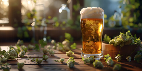 A glass of beer with cones of hops on a wooden table with bokeh background
