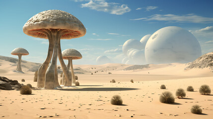 Agaricus mushrooms on a sandy desert oasis, with a lone camel passing by and sand dunes in the background.