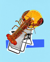 Poster. Contemporary art collage. Lobster relaxing on lawn chair holding slice of orange between...