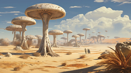 Agaricus mushrooms on a sandy desert oasis, with a lone camel passing by and sand dunes in the background.