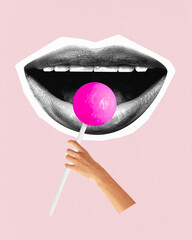 Poster. Contemporary art collage. Hand holding pink lollipop in front of open mouth in black and...