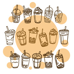 Hand drawn bubble milk tea set with cute doodle decoration. Boba milk tea and yummy drinks illustration. Cold tea. Realistic. Orange vector illustration.