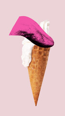 Poster. Contemporary art collage. Ice cream cone and pink tongue sticks out and licking sweet dessert against pastel pink background. Concept of summertime, holidays, vacation, party, fashion, style.