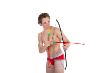 A young attractive guy in the role of Cupid with gifts. Valentine's Day.