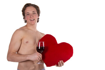 A young attractive guy in the role of Cupid with gifts. Valentine's Day.