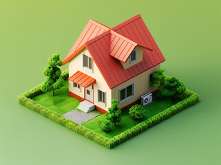isometric 3d illustration of a miniature house on a green yard, buildings, architecture