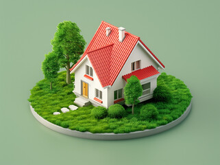 isometric 3d illustration of a miniature house on a green yard, buildings, architecture