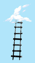 Poster. Contemporary art collage. Large ladder extends far up into blue sky with fluffy clouds against blue background. Concept of summertime, holidays, vacation, party, fashion and style.