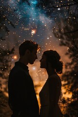 Capture a dreamy scene of a couple stargazing in a dimly lit, nostalgic setting Use analog photography to evoke a sense of timeless romance