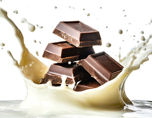 Schokoladen stücke in Milch splash isoliert auf weißen Hintergrund, Freisteller 
