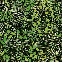 Green Botanical Patterns on Polka Dotted Background