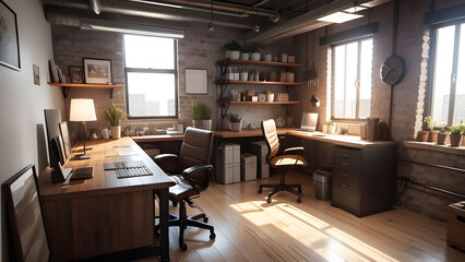 Serene work environment in a spacious home office with stylish wooden furniture, brick walls, and green plants bathed in sunlight