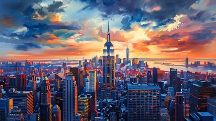 Obraz premium New York City. Manhattan downtown skyline with illuminated Empire State Building and skyscrapers at sunset