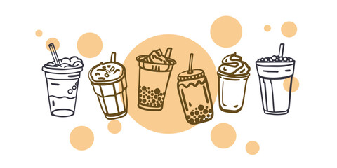 Hand drawn bubble milk tea set with cute doodle decoration. Boba milk tea and yummy drinks illustration. Cold tea. Realistic. Orange vector illustration.