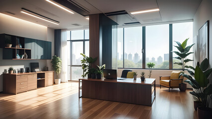 Fototapeta premium Spacious modern office interior featuring sleek furniture, ample sunlight, and a stunning cityscape view through large panoramic windows
