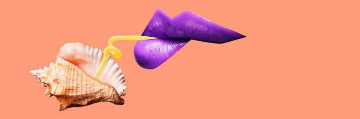 Banner. Contemporary art collage. seashell with straw from which purple lips drinks refreshing cocktail against peach backdrop. Concept of summertime, holidays, vacation, party, fashion and style.