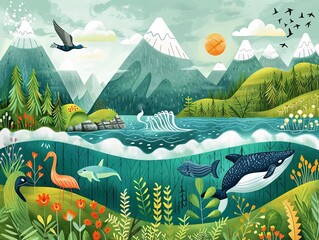 Engage with Nature: Clean and Interactive Online Poster Featuring Environmental Themes of Oceans, Forests, and Wildlife Exploration