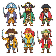 Six cartoon pirates stand proudly, sporting unique hats, beards, colorful pirate attire, armed cutlasses, pirate character displays distinct style, ranging classic blue captain coats vibrant red