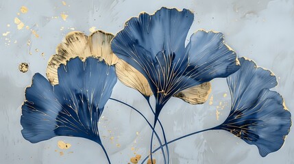Three ginkgo leaves painting: Gold foil, deep blue style, hand-drawn details.