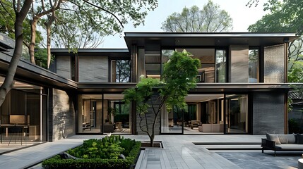 Modern Chinese Villa Courtyard: Dark Gray Stone Exterior, Lush Green Surroundings