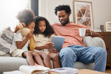 Black family, children and tablet for education, gaming or streaming on sofa of living room in...