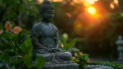 A serene Buddha statue sits peacefully on top of a vibrant green field, radiating a sense of calm and tranquility amidst the lush surroundings
