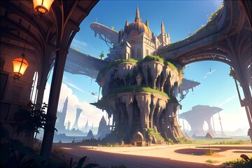 ゲーム背景異世界未来と過去が融合した独立ファンタジー都市のお城
