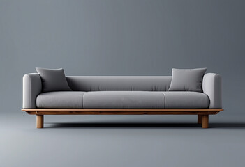 3d image of Modern grey teak wood sofa adorned on gray background.