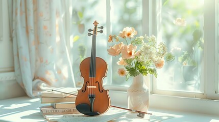 Elegant Violin and Music Scores Arranged on Table in Well-Lit Room