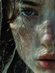 Naklejka premium A woman's face is shown through a mesh screen, with her eyes closed