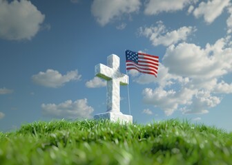 Hero's grave with white cross tombstone on green grass field, with American flag on top