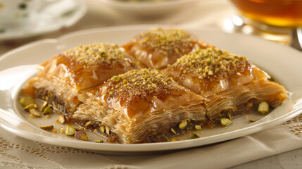 Algerian baklava adorned with crushed pistachios, served on a dainty lace tablecloth, capturing the essence of algerian culinary tradition - obrazy, fototapety, plakaty