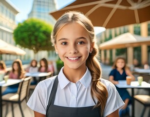 A teenager working as a waitress during the holidays. Summer job in a restaurant or cafe