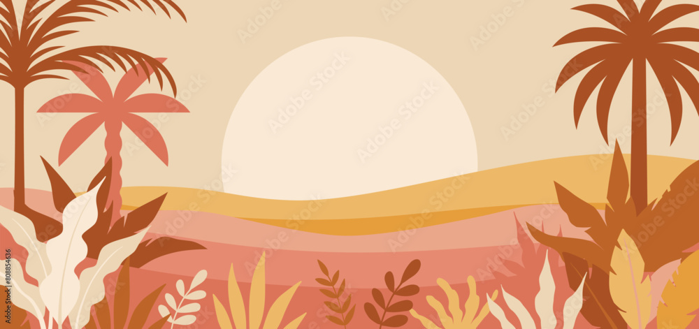 Aufkleber Vector illustration in trendy flat and linear style - background with copy space for text - plants, leaves, palm trees and sky - beach landscape - background for banner