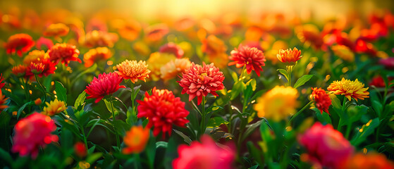 Vibrant Field of Marigold Flowers, Sunlit Petals in Orange and Yellow, Fresh Summer Blossoms in Full Bloom