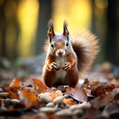 A squirrel in the autumn forest. A beautiful red squirrel in the autumn forest.23