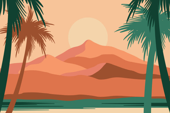 Vector illustration in trendy flat and linear style - background with copy space for text - plants, leaves, palm trees and sky - beach landscape - background for banner