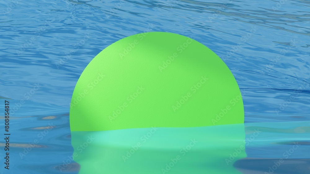 Poster floating yellow circle object in the middle of the sea with a bright solar spotlight. geometric elem